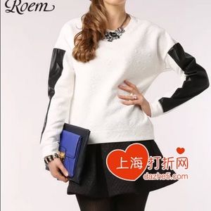 Roem 16 Cute White Top with Black Leather Sleeves!
